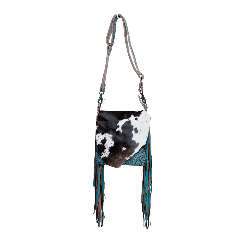 Sac à main dissimulé Myra Cobal Blue en cuir véritable avec panneau turquoise gaufré et détails à franges