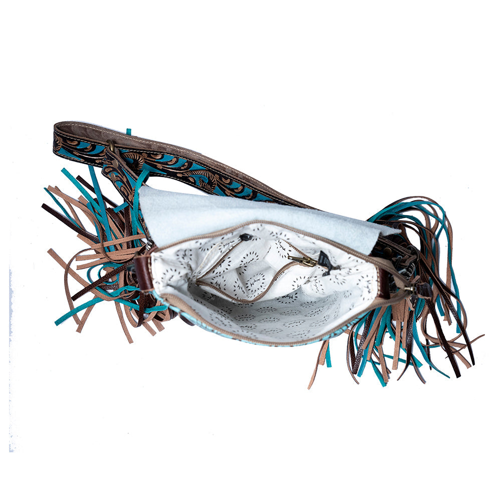 Sac à main dissimulé Myra Cobal Blue en cuir véritable avec panneau turquoise gaufré et détails à franges