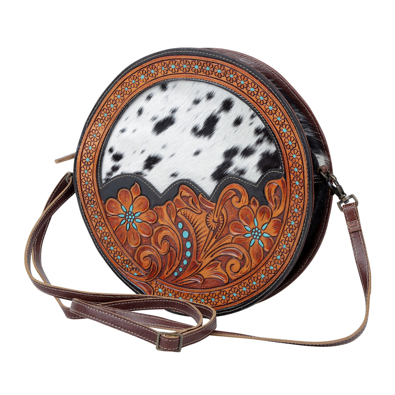 Sac bandoulière rond en cuir de veau Myra Simply Sober – Sac circulaire fleuri et en peau de vache, gravé à la main, pour les aventures du Carnaval
