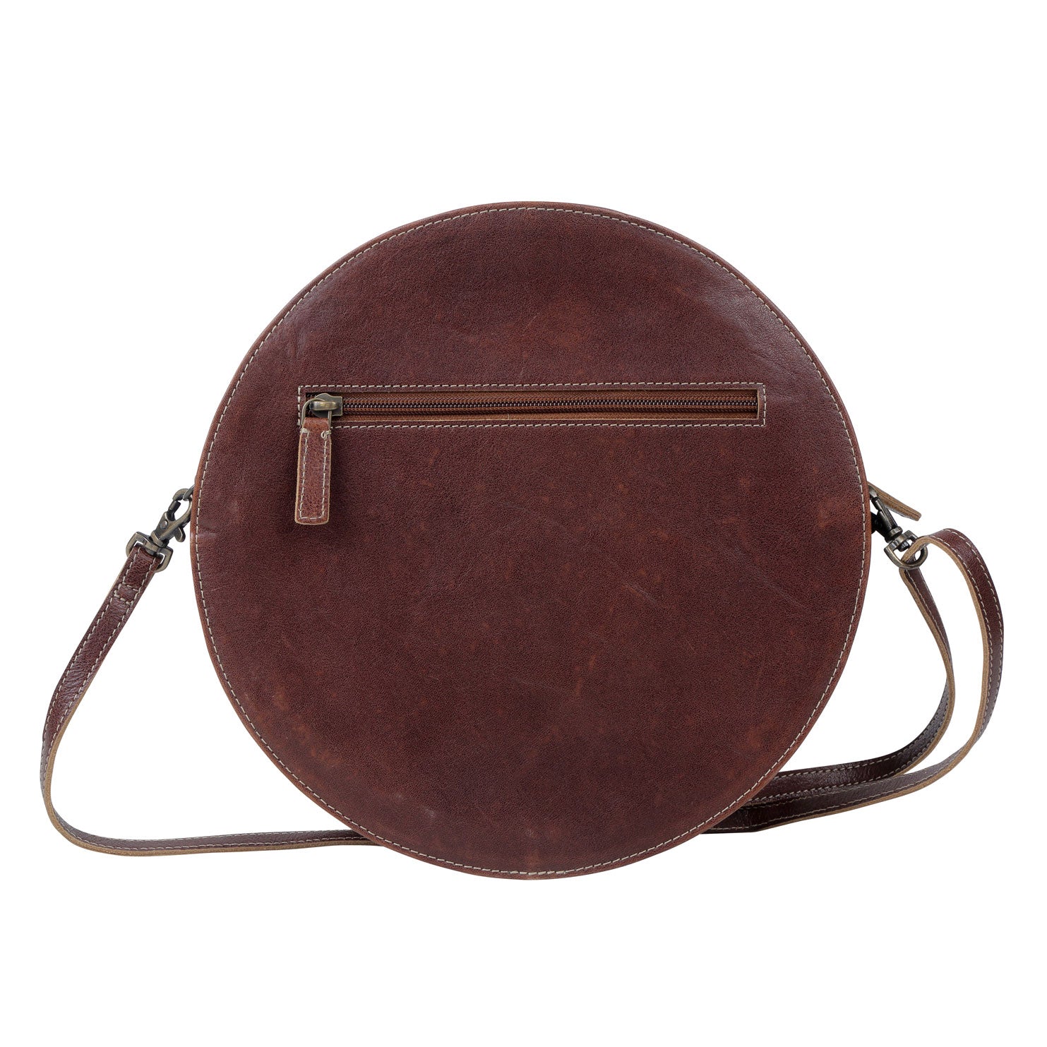 Sac bandoulière rond en cuir de veau Myra Simply Sober – Sac circulaire fleuri et en peau de vache, gravé à la main, pour les aventures du Carnaval