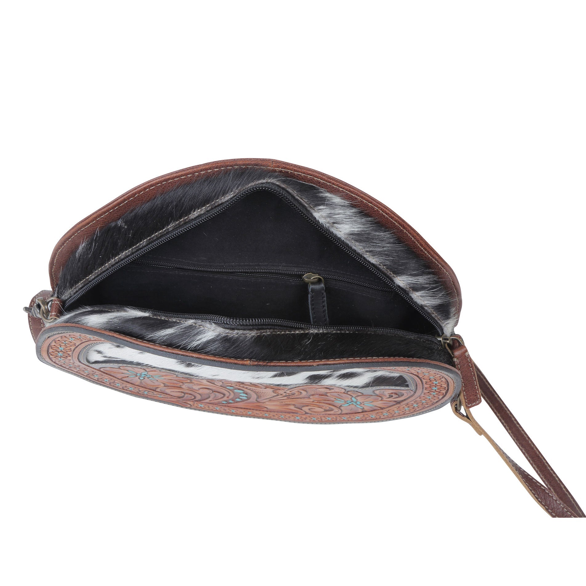 Sac bandoulière rond en cuir de veau Myra Simply Sober – Sac circulaire fleuri et en peau de vache, gravé à la main, pour les aventures du Carnaval