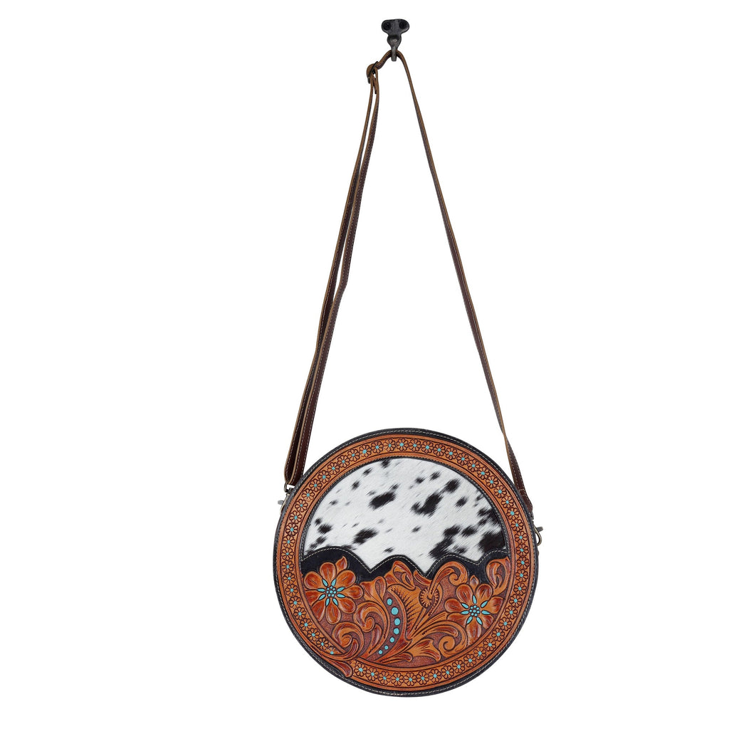 Sac bandoulière rond en cuir de veau Myra Simply Sober – Sac circulaire fleuri et en peau de vache, gravé à la main, pour les aventures du Carnaval