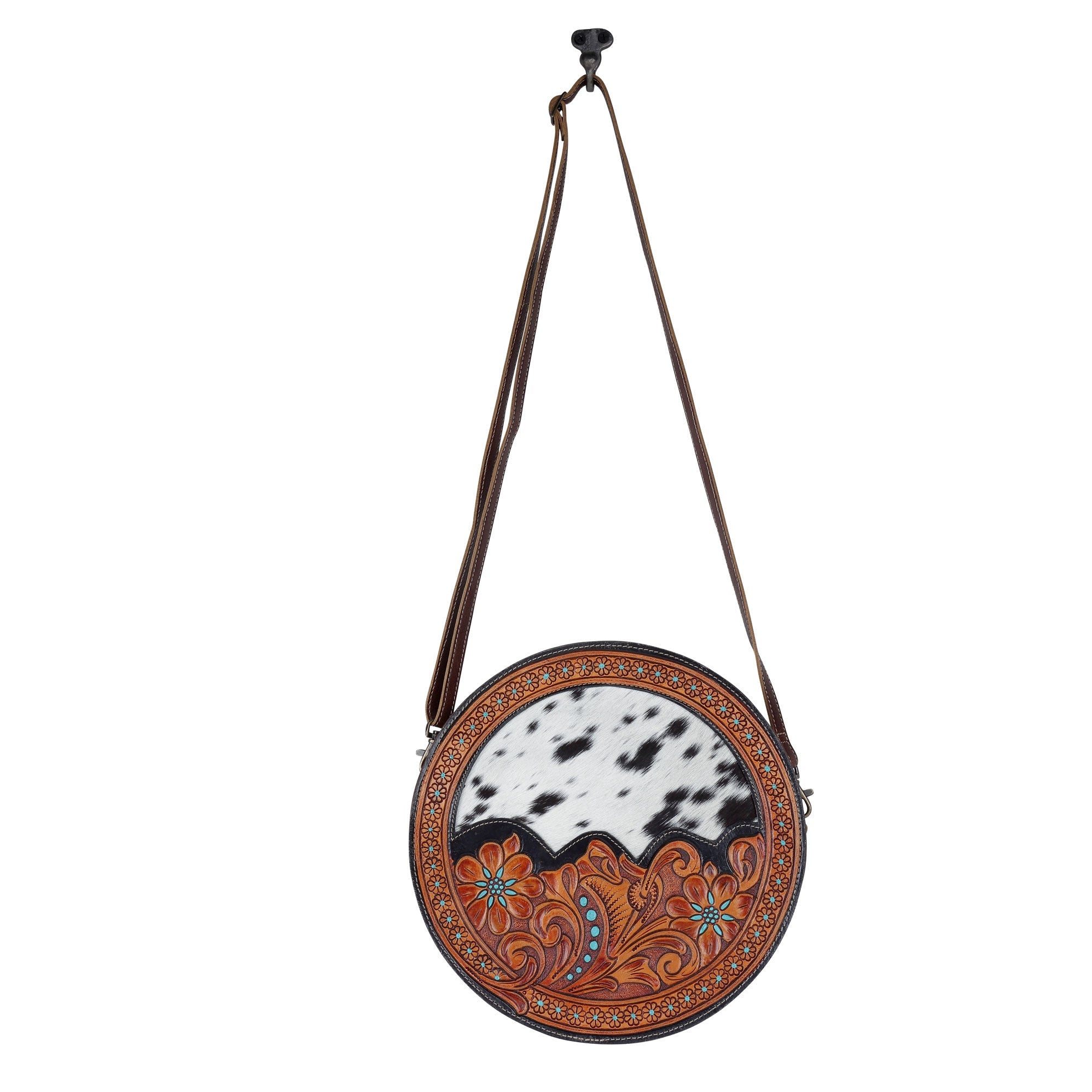 Sac bandoulière rond en cuir de veau Myra Simply Sober – Sac circulaire fleuri et en peau de vache, gravé à la main, pour les aventures du Carnaval