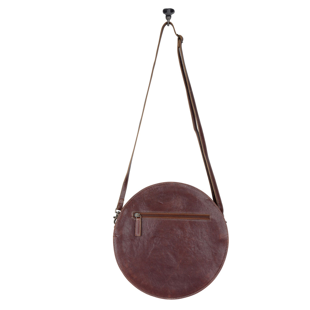 Sac bandoulière rond en cuir de veau Myra Simply Sober – Sac circulaire fleuri et en peau de vache, gravé à la main, pour les aventures du Carnaval