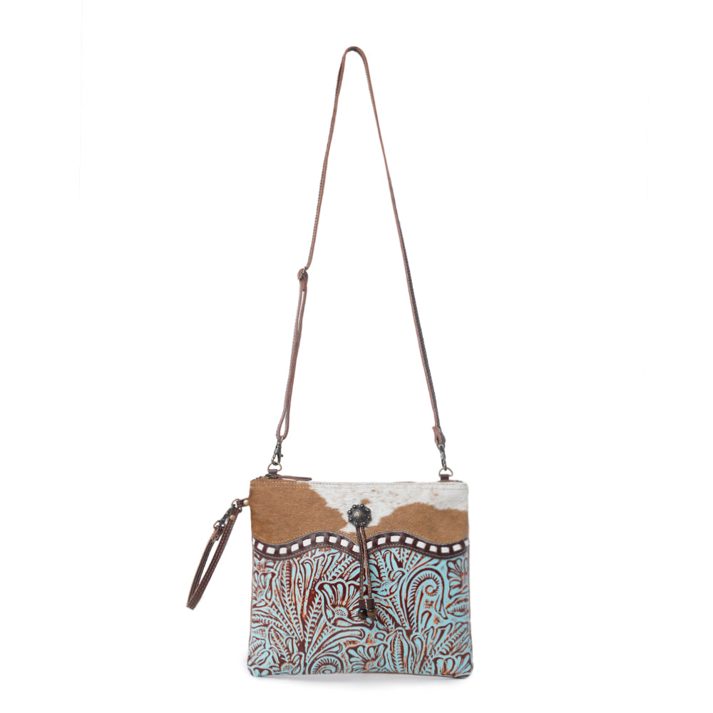 Sac bandoulière en cuir gaufré Myra Blue Isle pour femme, petit format, style western avec accents Hairon