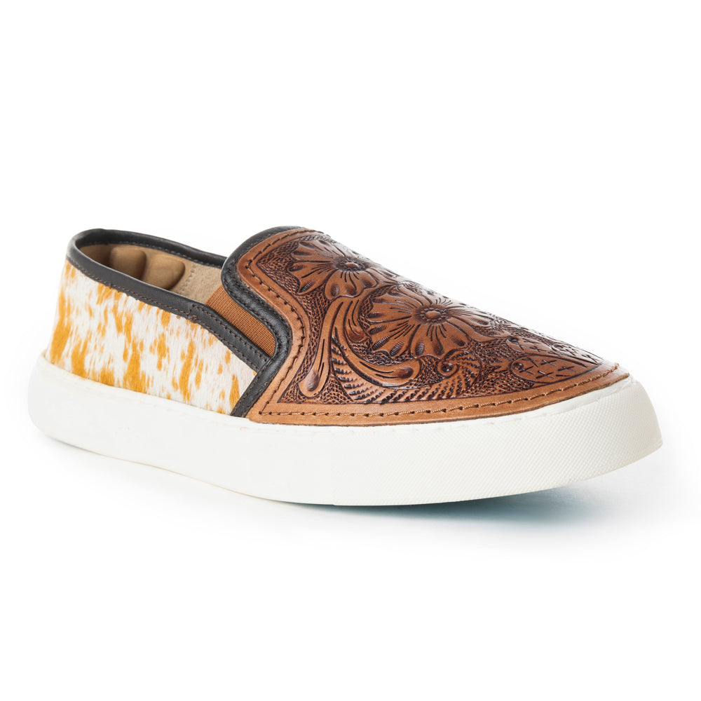 Myra Kryptun Baskets à enfiler en cuir embossé main et poil de vachette pour femme – Motif floral Western, semelle blanche pour un look rodéo au quotidien
