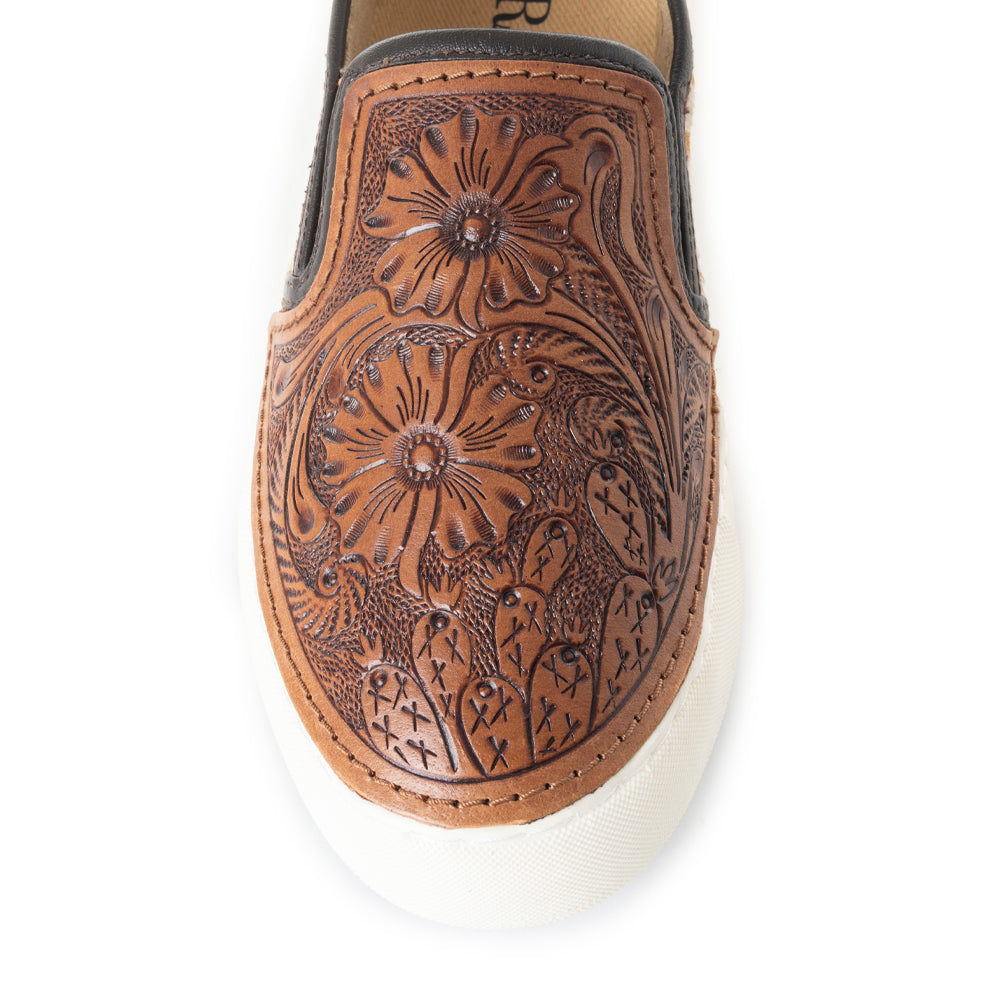 Myra Kryptun Baskets à enfiler en cuir embossé main et poil de vachette pour femme – Motif floral Western, semelle blanche pour un look rodéo au quotidien