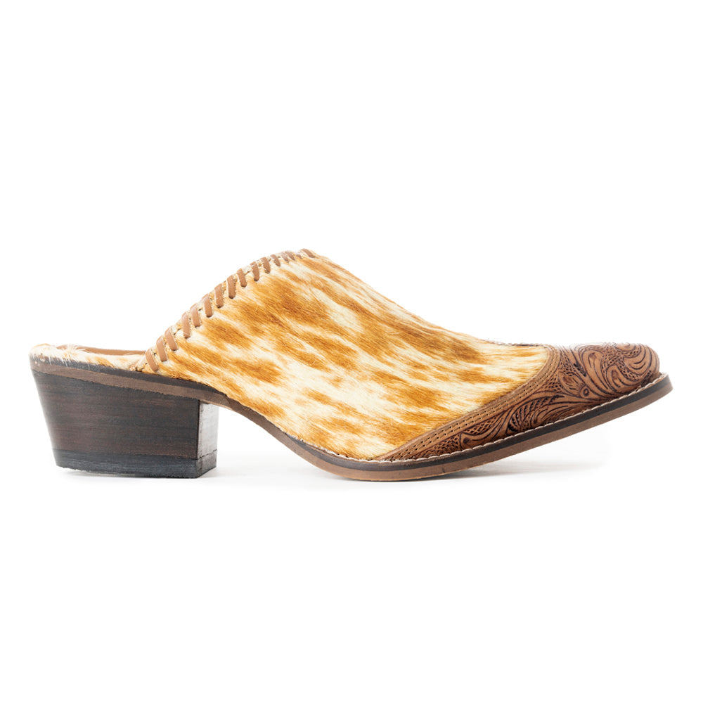 Mules Myra Orange Western en Cuir Poilu pour Femme – Bout Pointu, Petits Talons, Chaussures Western Sans Lacets Entièrement Travaillées Main