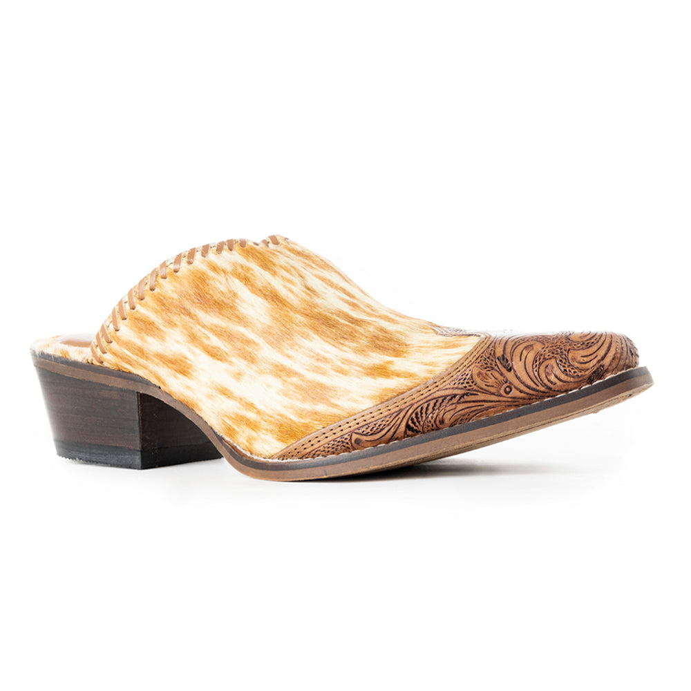Mules Myra Orange Western en Cuir Poilu pour Femme – Bout Pointu, Petits Talons, Chaussures Western Sans Lacets Entièrement Travaillées Main