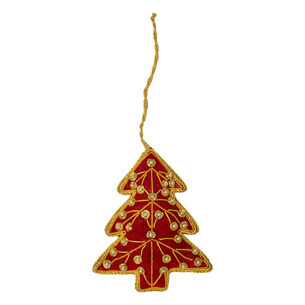 Ornement de Noël en forme de sapin avec des bijoux, en rouge