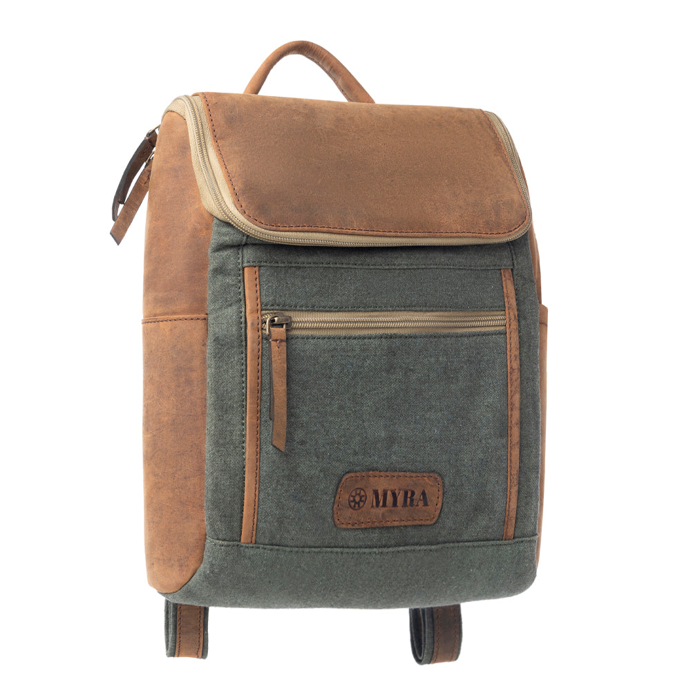Sac à dos Myra Carriage Port Slimline – Rabat en cuir vieilli, sac à dos rustique pour les trajets quotidiens et les voyages en plein air