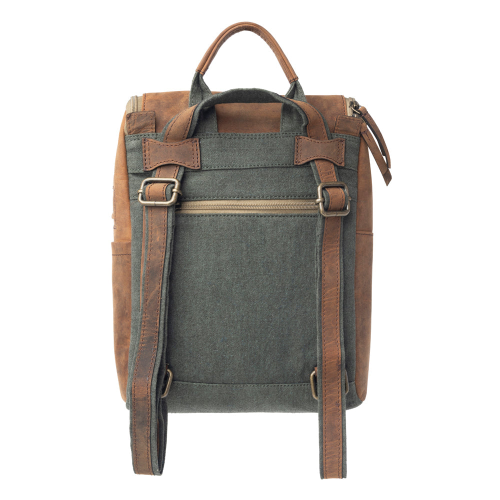 Sac à dos Myra Carriage Port Slimline – Rabat en cuir vieilli, sac à dos rustique pour les trajets quotidiens et les voyages en plein air