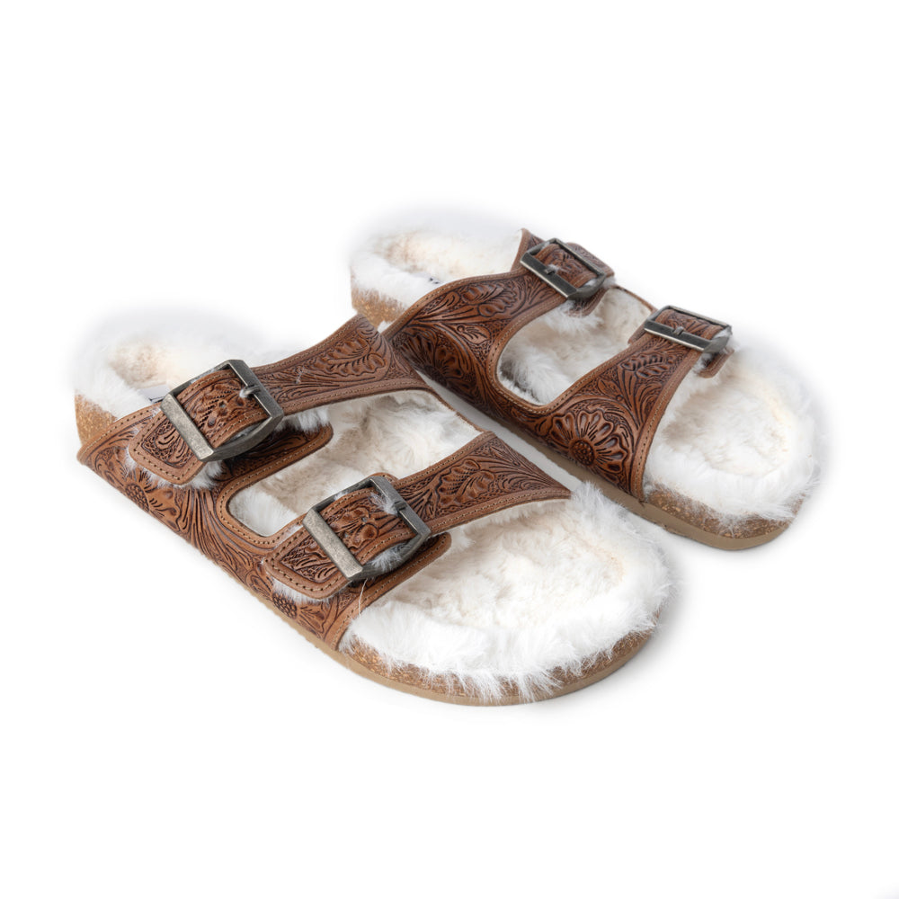 Sandales en cuir confortables Prairie Winds, avec fourrure et gravures artisanales