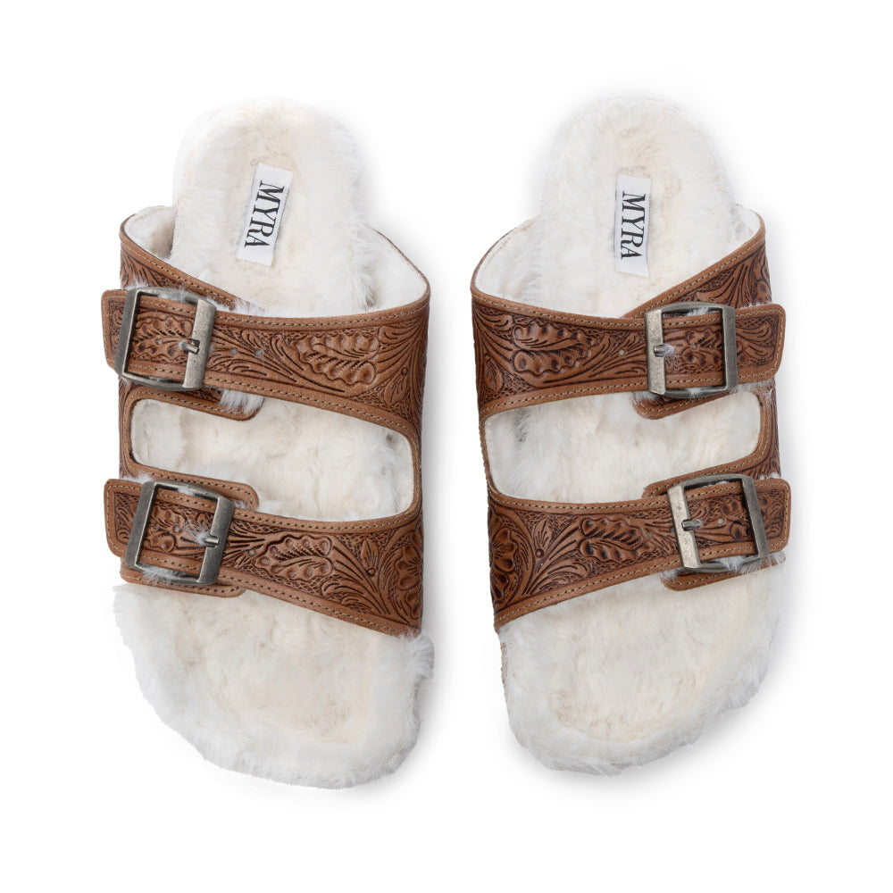 Sandales en cuir confortables Prairie Winds, avec fourrure et gravures artisanales