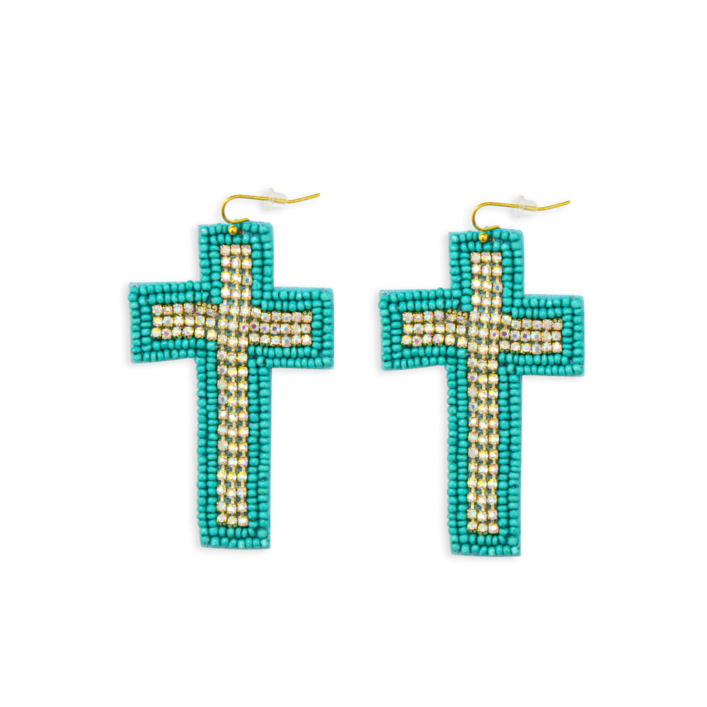 Boucles d'oreilles pendantes croix perlées sarcelle