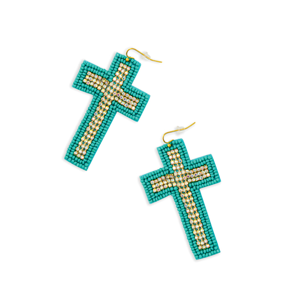 Boucles d'oreilles pendantes croix perlées sarcelle
