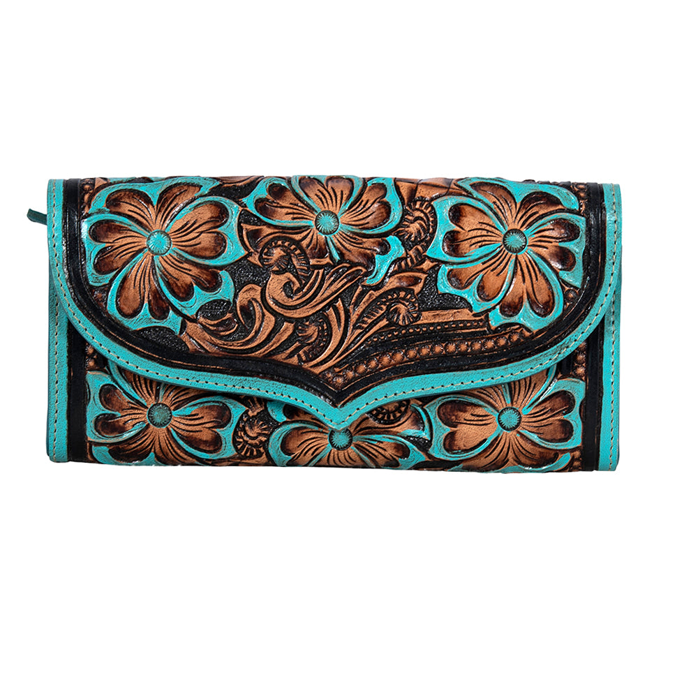 Portefeuille en cuir repoussé Myra Flower Crest avec motif floral et accents turquoise