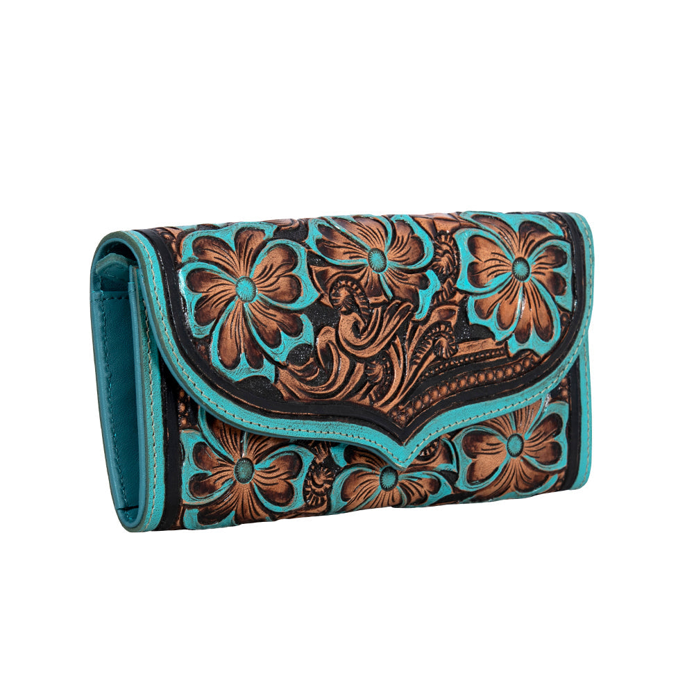 Portefeuille en cuir repoussé Myra Flower Crest avec motif floral et accents turquoise