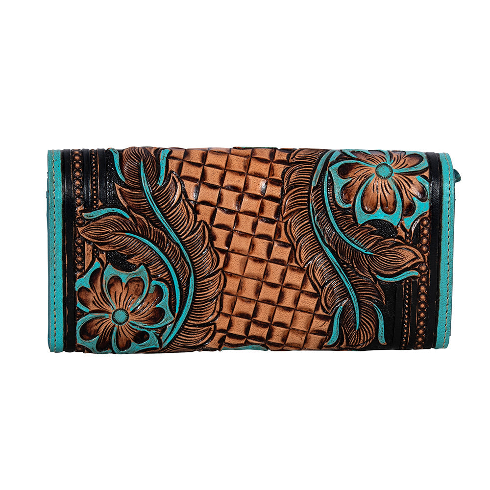 Portefeuille en cuir repoussé Myra Flower Crest avec motif floral et accents turquoise