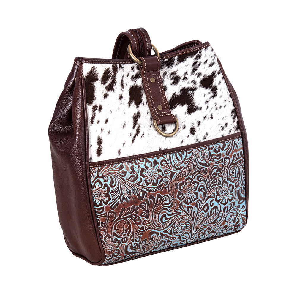 Sac bandoulière convertible Myra Mountain Trail – Cuir embossé turquoise et panneau Haïron avec anneau décoratif