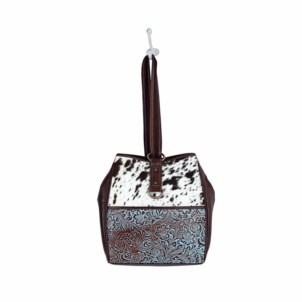 Sac bandoulière convertible Myra Mountain Trail – Cuir embossé turquoise et panneau Haïron avec anneau décoratif