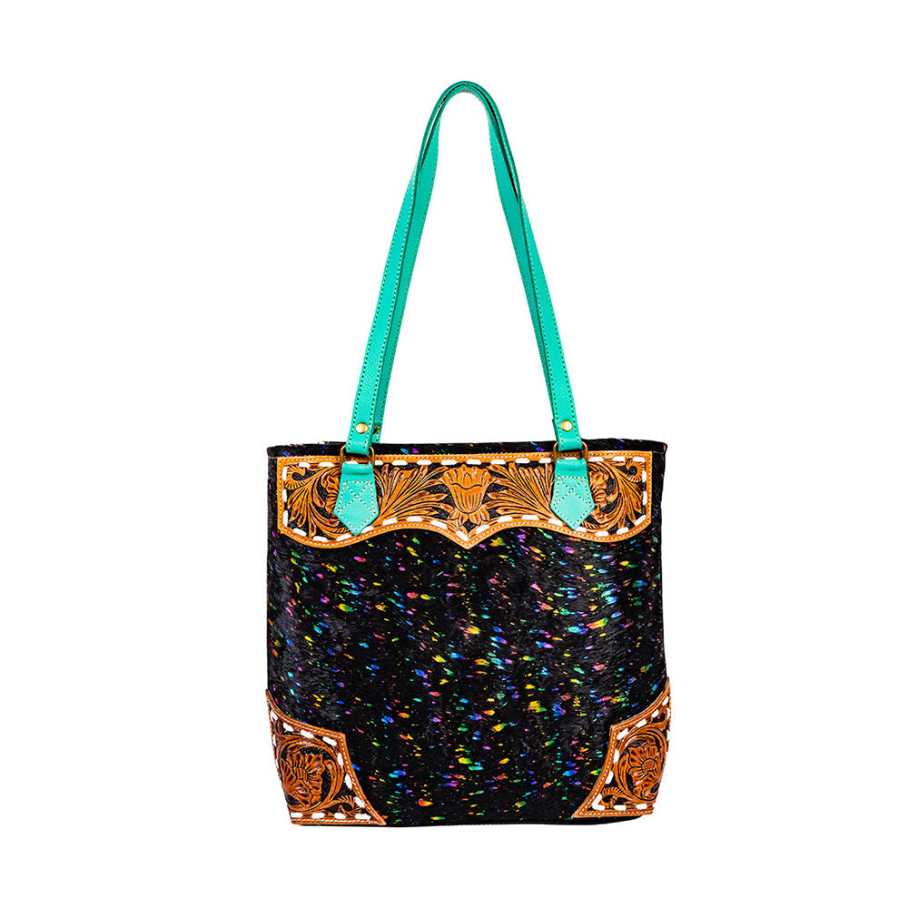 Sac à bandoulière Myra Galaxy Fire, corps noir scintillant, sangles en cuir aqua, ciselé à la main
