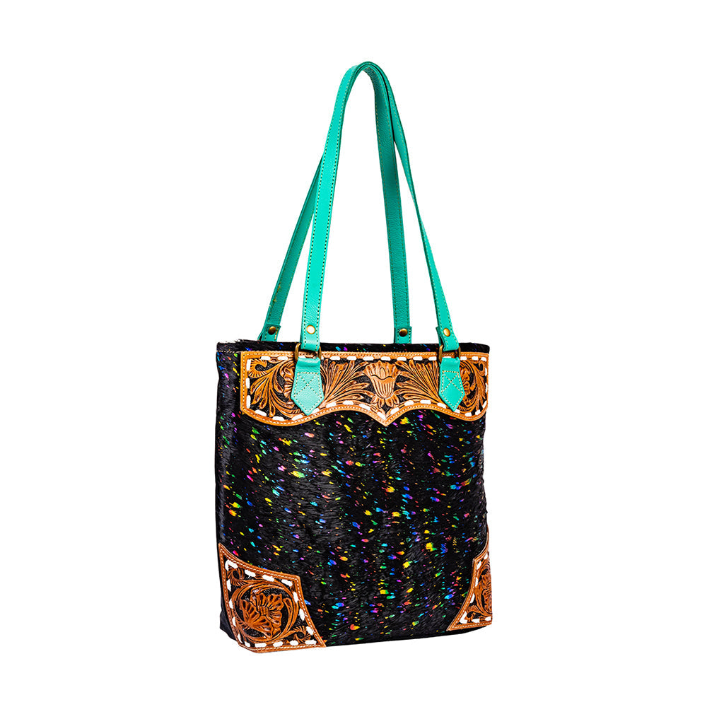 Sac à bandoulière Myra Galaxy Fire, corps noir scintillant, sangles en cuir aqua, ciselé à la main