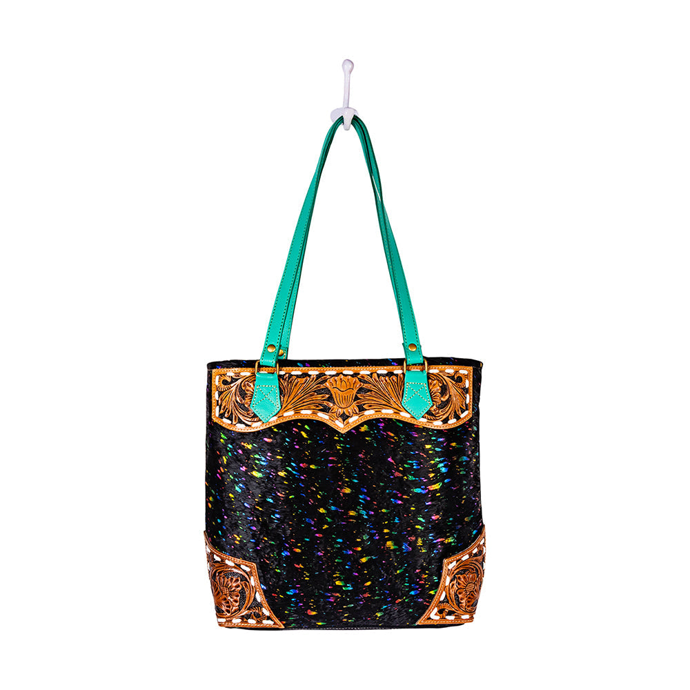 Sac à bandoulière Myra Galaxy Fire, corps noir scintillant, sangles en cuir aqua, ciselé à la main