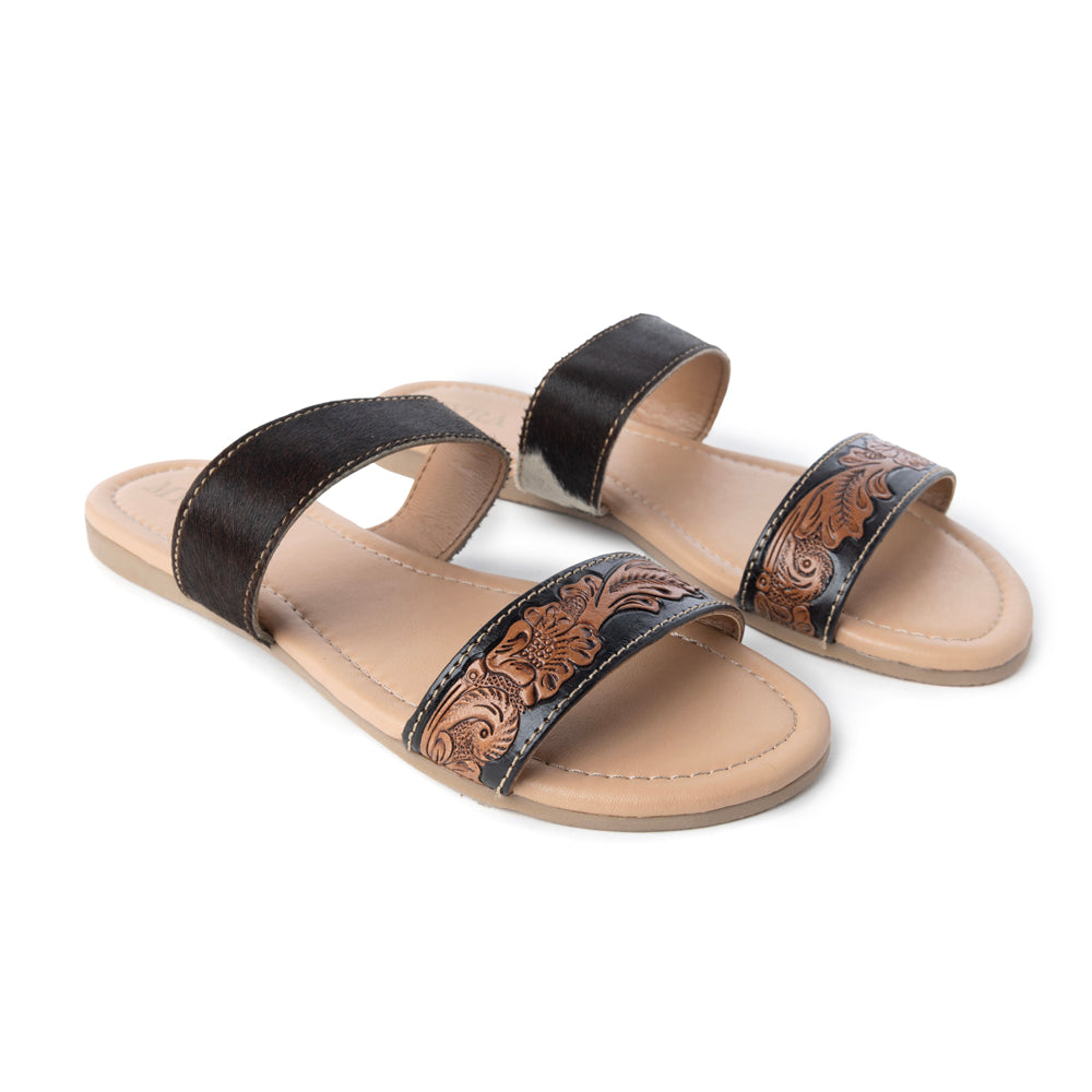 Mules en cuir Embossed Hairon Myra Tambra Mesa pour femme - Bride noire travaillée, semelle intérieure confortable pour un style qui dure toute la journée