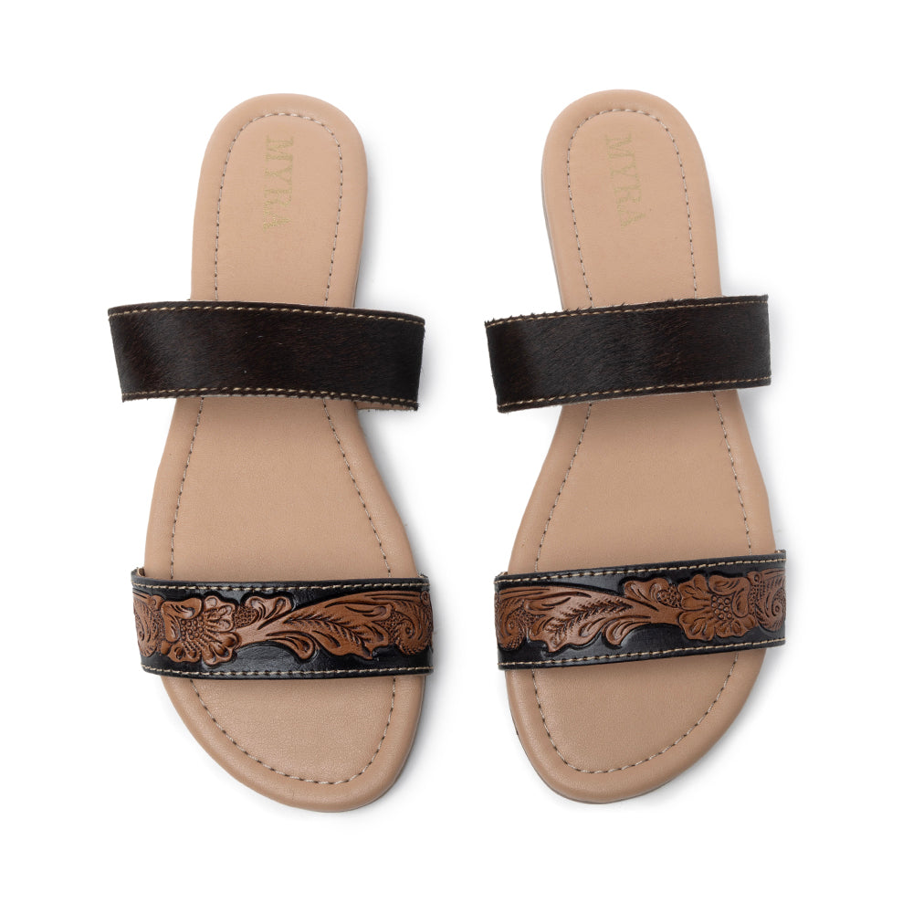 Mules en cuir Embossed Hairon Myra Tambra Mesa pour femme - Bride noire travaillée, semelle intérieure confortable pour un style qui dure toute la journée