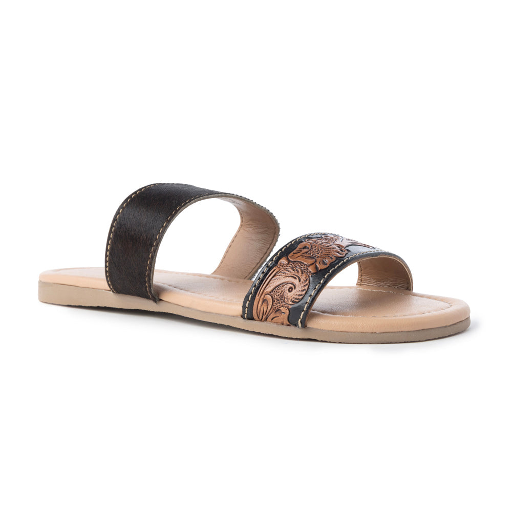 Mules en cuir Embossed Hairon Myra Tambra Mesa pour femme - Bride noire travaillée, semelle intérieure confortable pour un style qui dure toute la journée