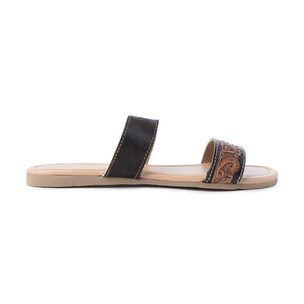 Mules en cuir Embossed Hairon Myra Tambra Mesa pour femme - Bride noire travaillée, semelle intérieure confortable pour un style qui dure toute la journée