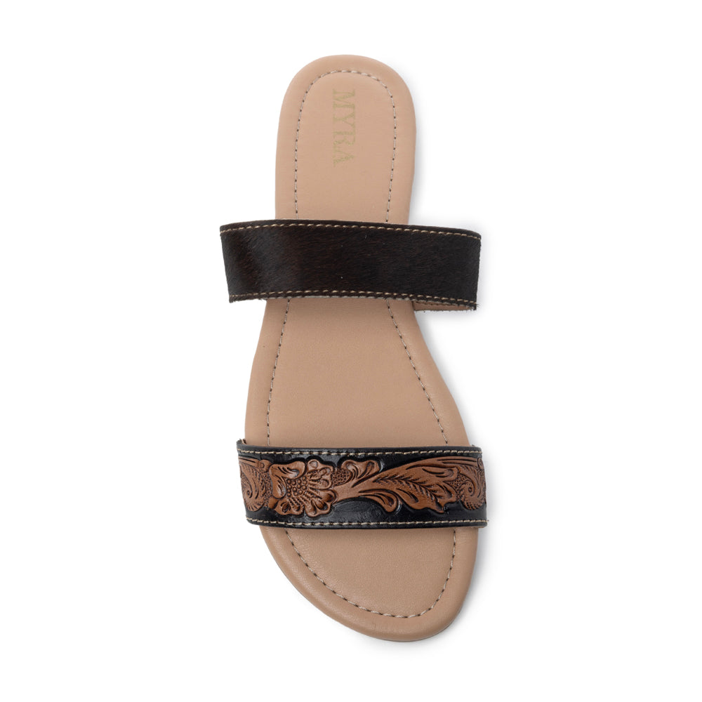 Mules en cuir Embossed Hairon Myra Tambra Mesa pour femme - Bride noire travaillée, semelle intérieure confortable pour un style qui dure toute la journée