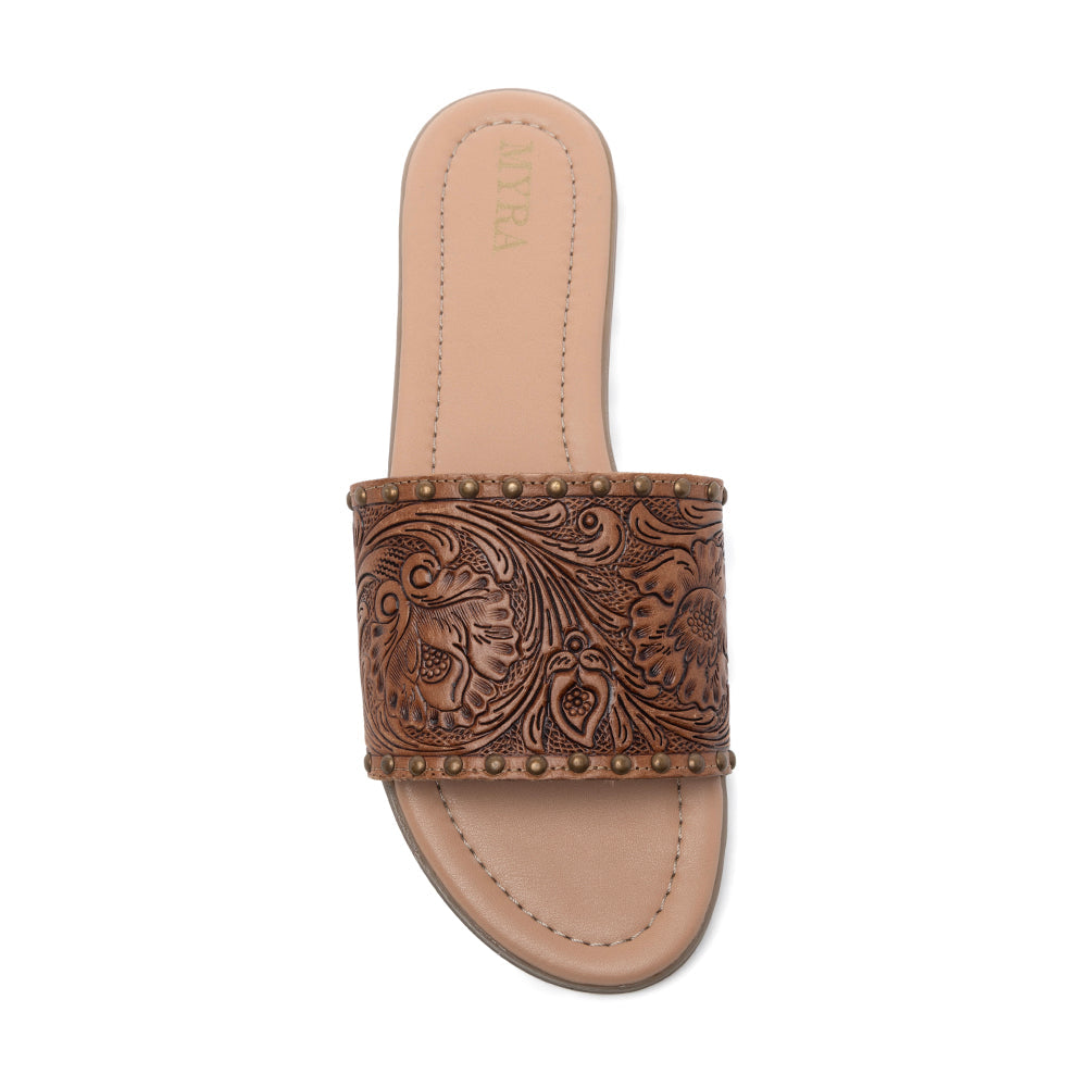 Mules en cuir gravé Myra Kasandra pour femme – Sandales de style western avec motif floral ciselé et semelle intérieure rembourrée