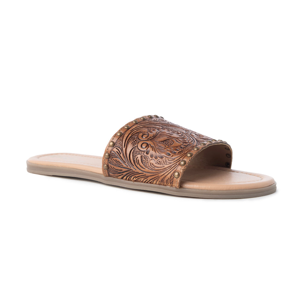 Mules en cuir gravé Myra Kasandra pour femme – Sandales de style western avec motif floral ciselé et semelle intérieure rembourrée