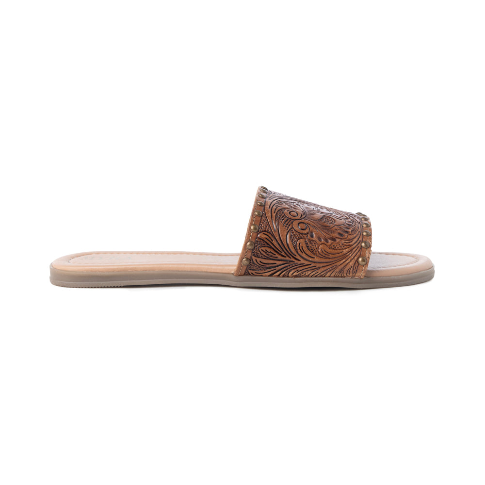 Mules en cuir gravé Myra Kasandra pour femme – Sandales de style western avec motif floral ciselé et semelle intérieure rembourrée