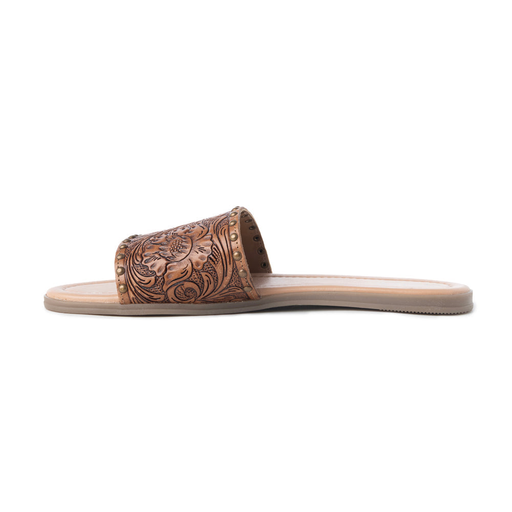 Mules en cuir gravé Myra Kasandra pour femme – Sandales de style western avec motif floral ciselé et semelle intérieure rembourrée