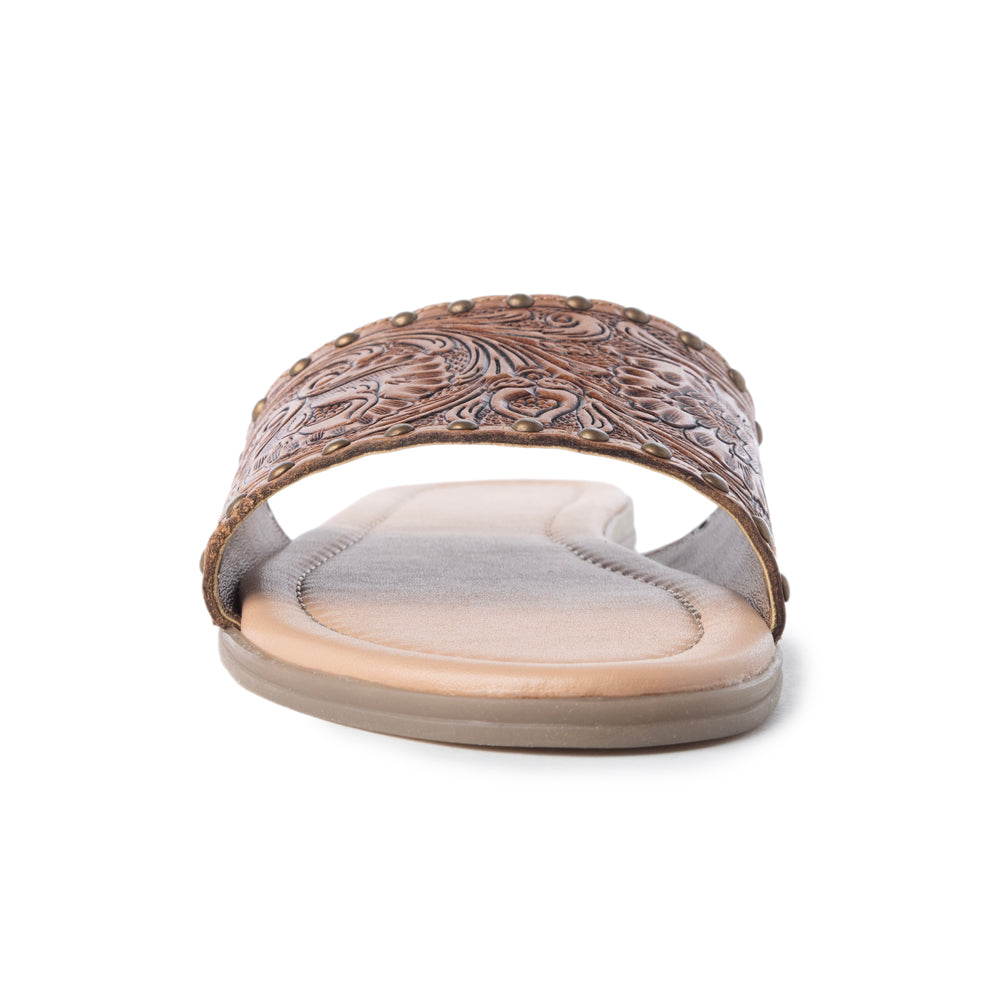 Mules en cuir gravé Myra Kasandra pour femme – Sandales de style western avec motif floral ciselé et semelle intérieure rembourrée