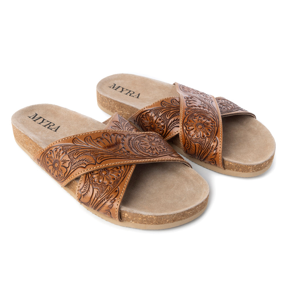 Sandales en cuir ciselé Myra Gracie pour femme – Mules croisées style western avec semelle en liège pour le ranch, le rodéo et le confort au quotidien