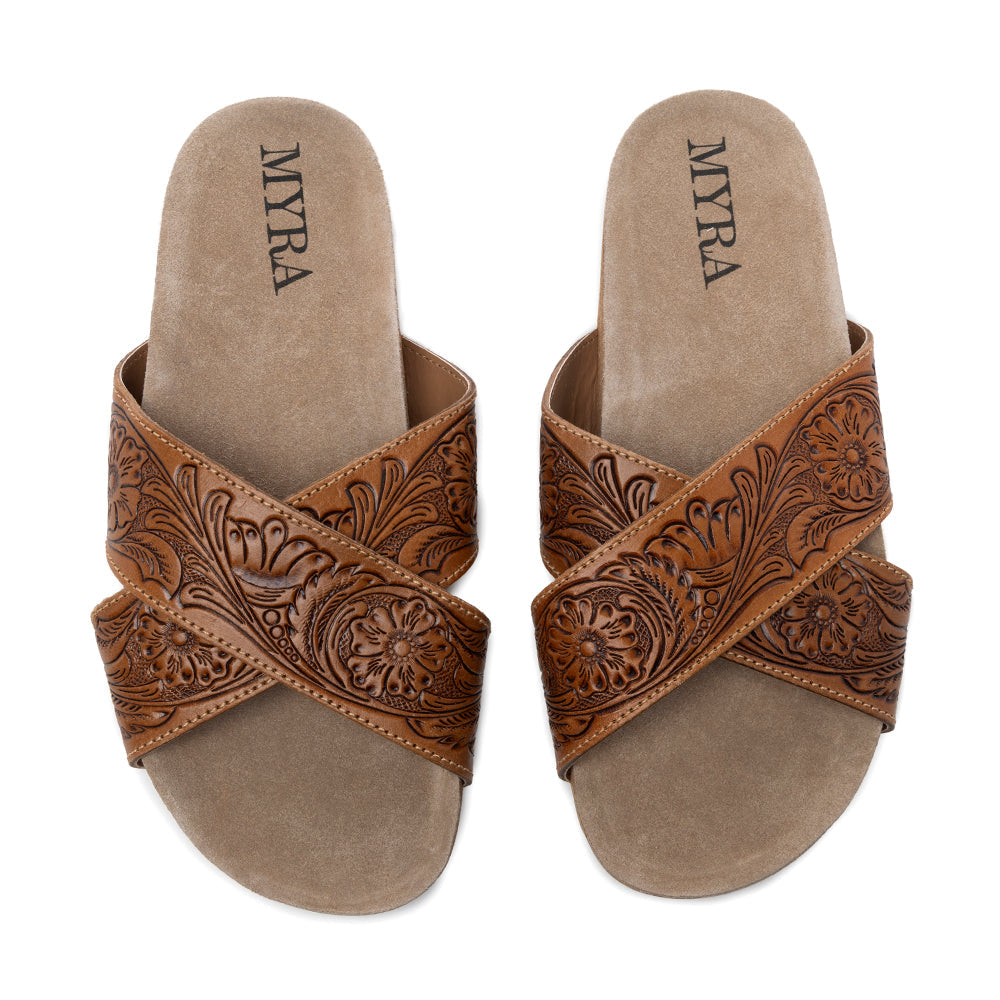 Sandales en cuir ciselé Myra Gracie pour femme – Mules croisées style western avec semelle en liège pour le ranch, le rodéo et le confort au quotidien