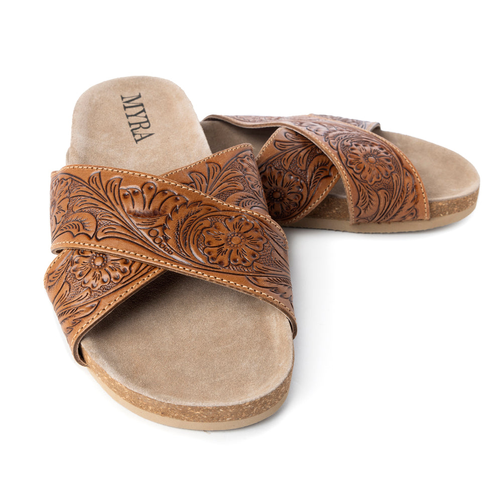 Sandales en cuir ciselé Myra Gracie pour femme – Mules croisées style western avec semelle en liège pour le ranch, le rodéo et le confort au quotidien