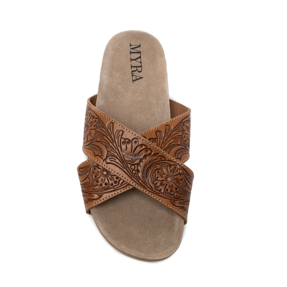 Sandales en cuir ciselé Myra Gracie pour femme – Mules croisées style western avec semelle en liège pour le ranch, le rodéo et le confort au quotidien