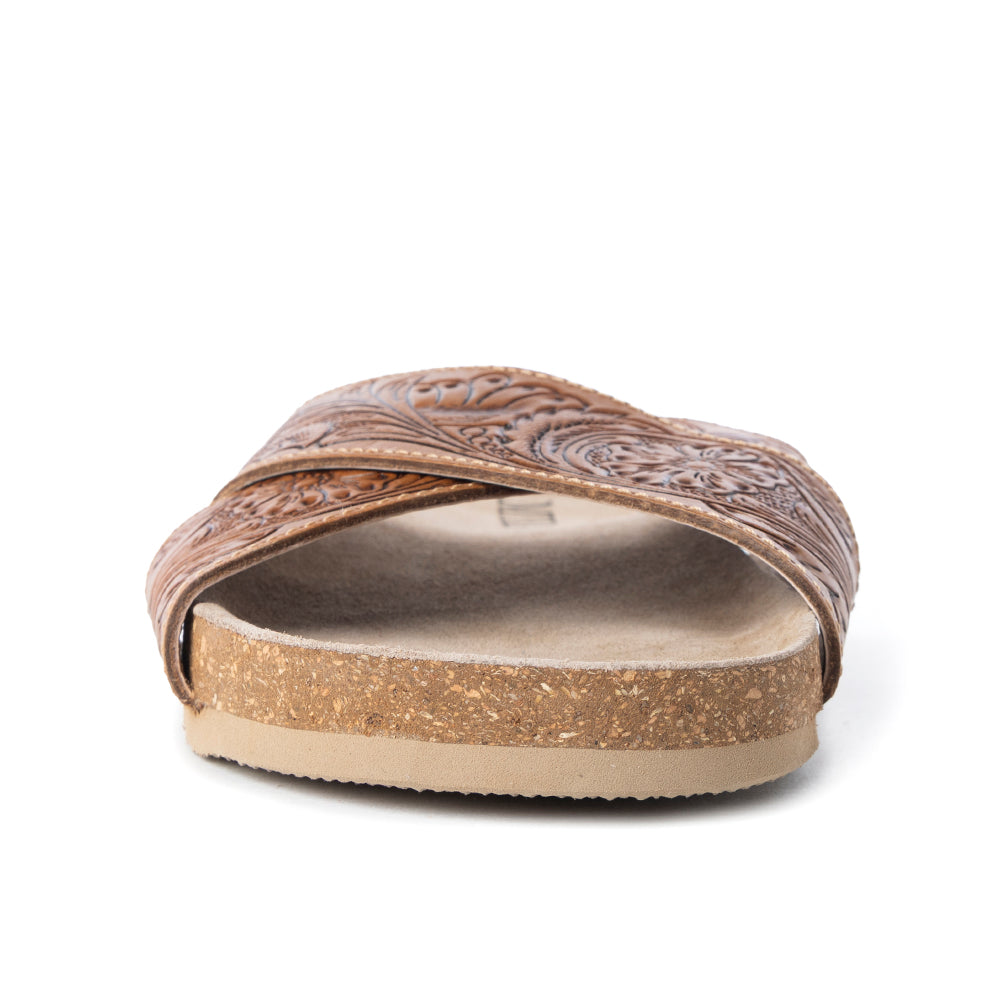 Sandales en cuir ciselé Myra Gracie pour femme – Mules croisées style western avec semelle en liège pour le ranch, le rodéo et le confort au quotidien