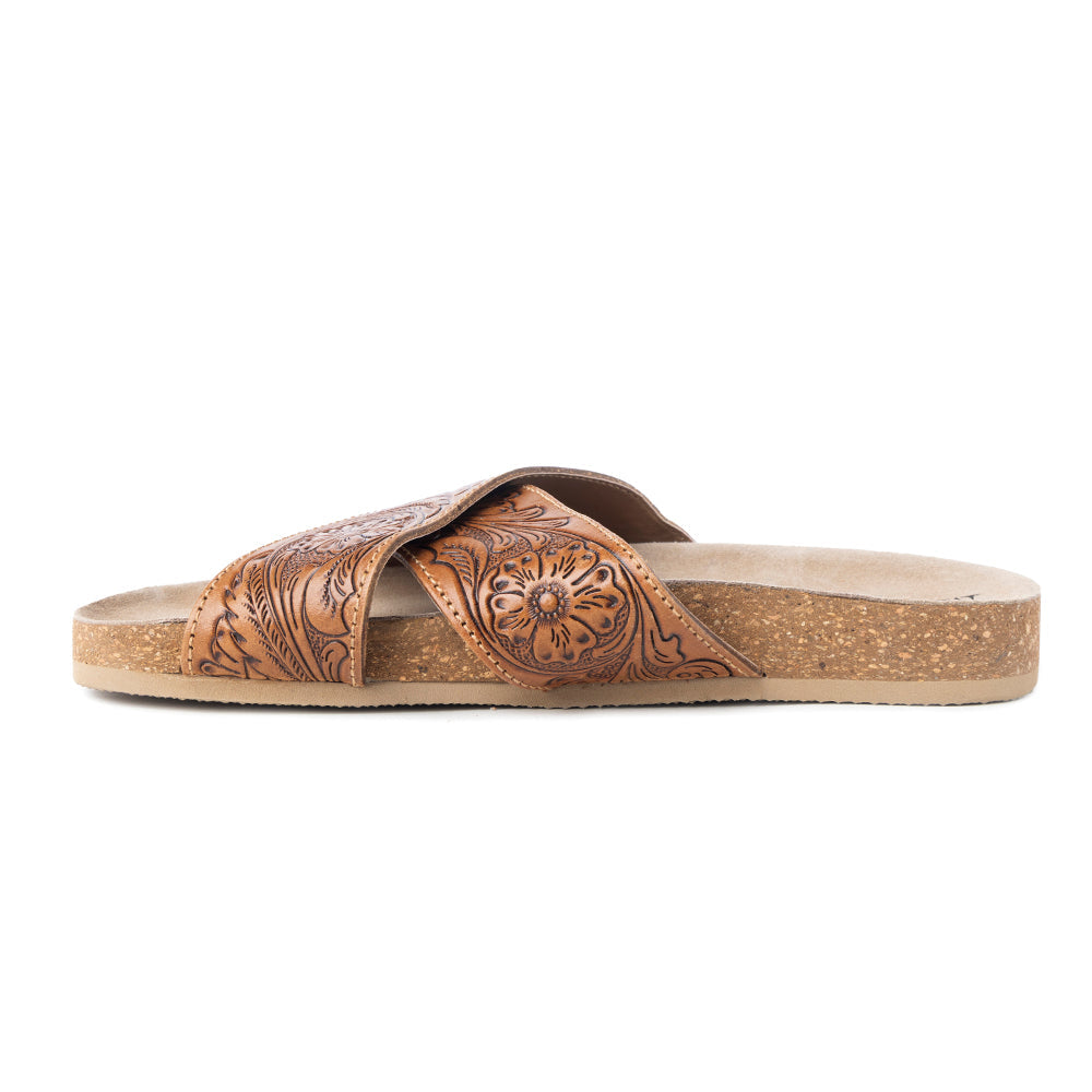 Sandales en cuir ciselé Myra Gracie pour femme – Mules croisées style western avec semelle en liège pour le ranch, le rodéo et le confort au quotidien