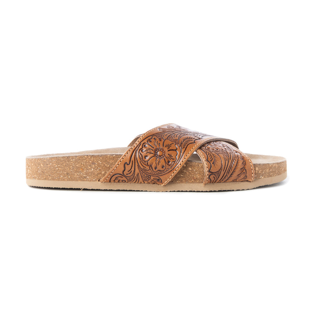 Sandales en cuir ciselé Myra Gracie pour femme – Mules croisées style western avec semelle en liège pour le ranch, le rodéo et le confort au quotidien