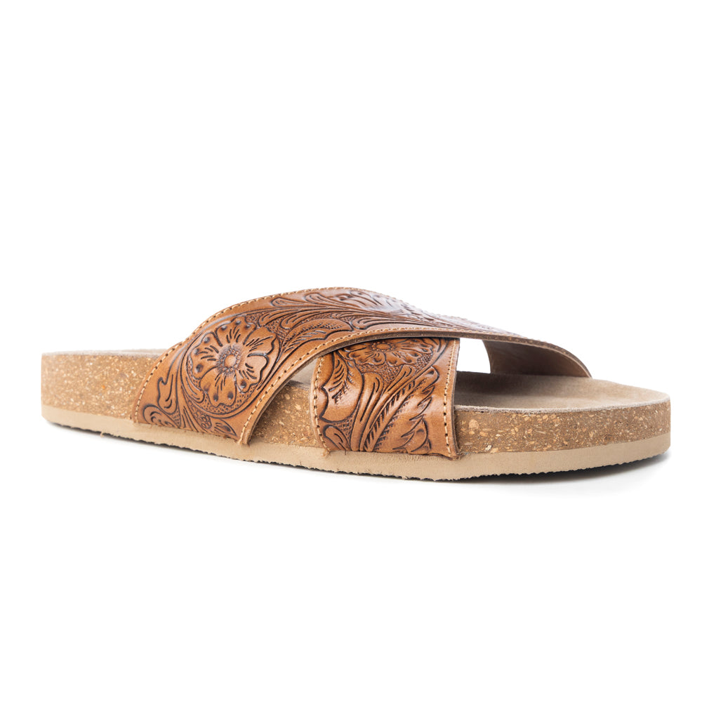 Sandales en cuir ciselé Myra Gracie pour femme – Mules croisées style western avec semelle en liège pour le ranch, le rodéo et le confort au quotidien
