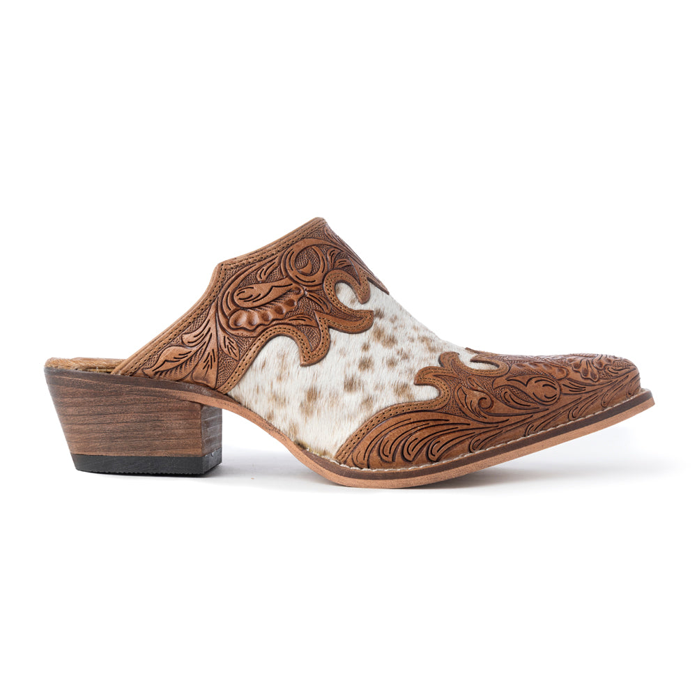 Mules en cuir Myra Lacey pour femme - Dessus mi-montant en cuir ciselé à la main avec empiècements en cuir à poils pour une élégance rodéo au quotidien