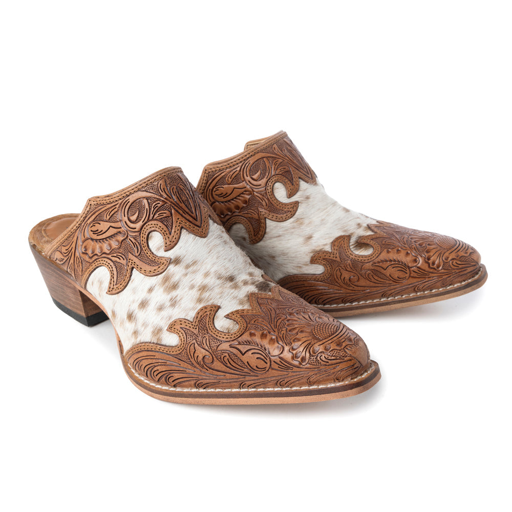 Mules en cuir Myra Lacey pour femme - Dessus mi-montant en cuir ciselé à la main avec empiècements en cuir à poils pour une élégance rodéo au quotidien