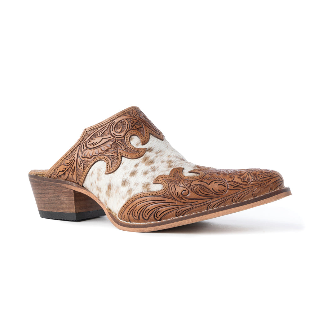 Mules en cuir Myra Lacey pour femme - Dessus mi-montant en cuir ciselé à la main avec empiècements en cuir à poils pour une élégance rodéo au quotidien