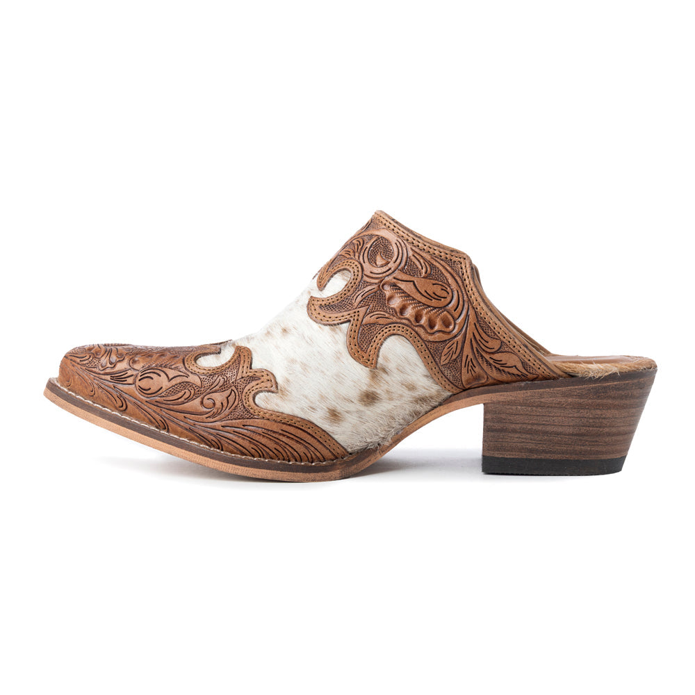 Mules en cuir Myra Lacey pour femme - Dessus mi-montant en cuir ciselé à la main avec empiècements en cuir à poils pour une élégance rodéo au quotidien